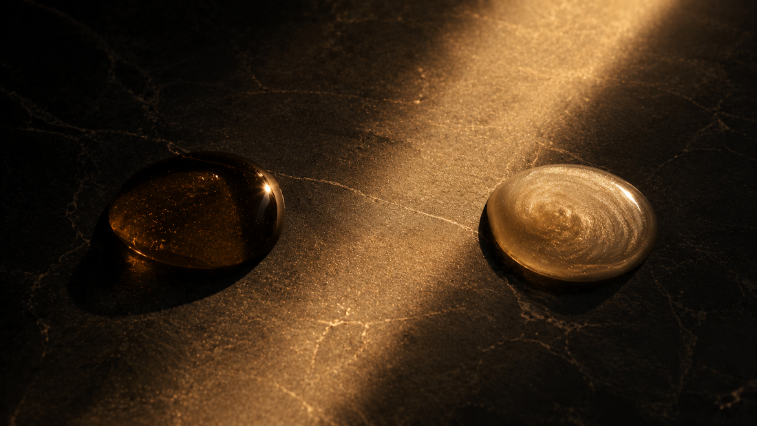 Dos gotas de sérum comparadas sobre piedra en un haz de luz, retinol frente a exosomas — Aletheia Skin Lab