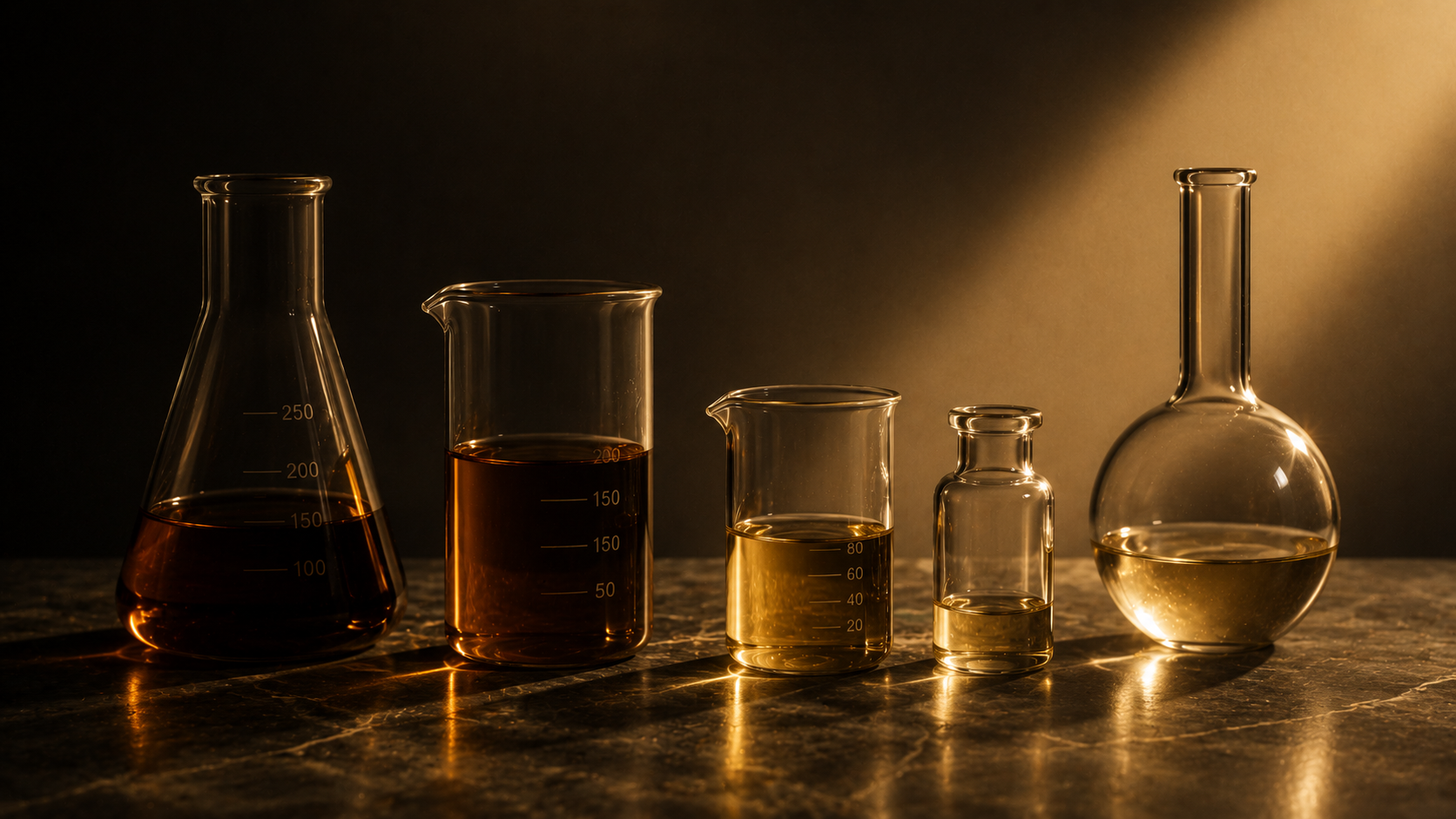 Cristalería de laboratorio con activos ámbar sobre mármol, el proceso de formulación — Aletheia Skin Lab