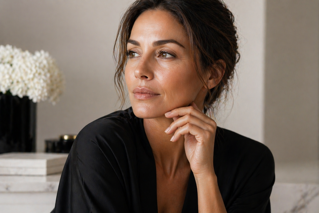 Mujer de más de 40 años con piel luminosa y firme, rutina facial antiedad con exosomas y retinol