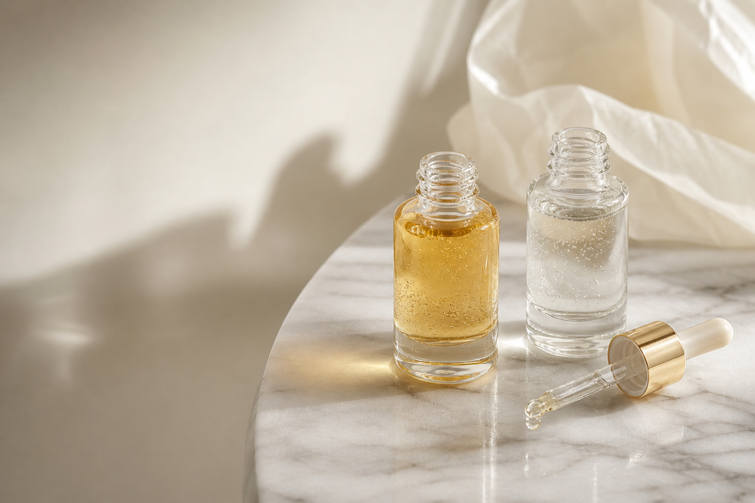 Comparativa retinol vs exosomas: sérum de retinol y sérum de exosomas sobre fondo blanco