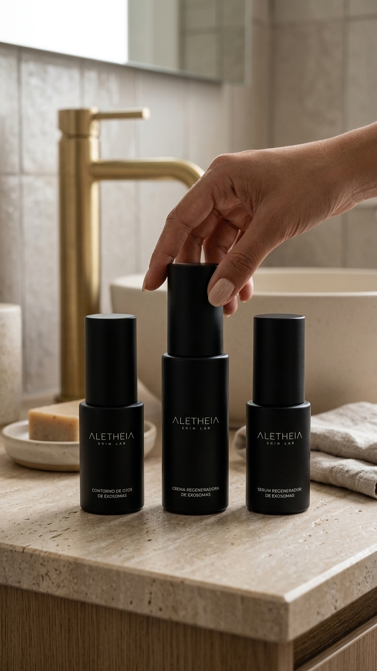 Sérum de exosomas Veritas Celular de Aletheia sobre encimera de baño, colección antiedad premium